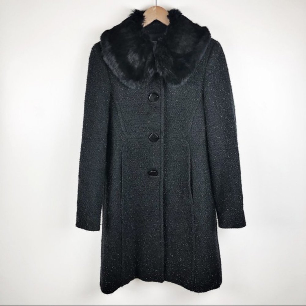 Nine West | Fur Trimmed Boucle Black Pea Coat